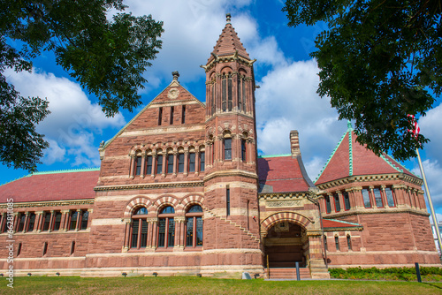 Woburn Public Library with Richardsonian Romanesque style at 45 Pleasant Street in historic city center of Woburn, Massachusetts MA, USA.  photo