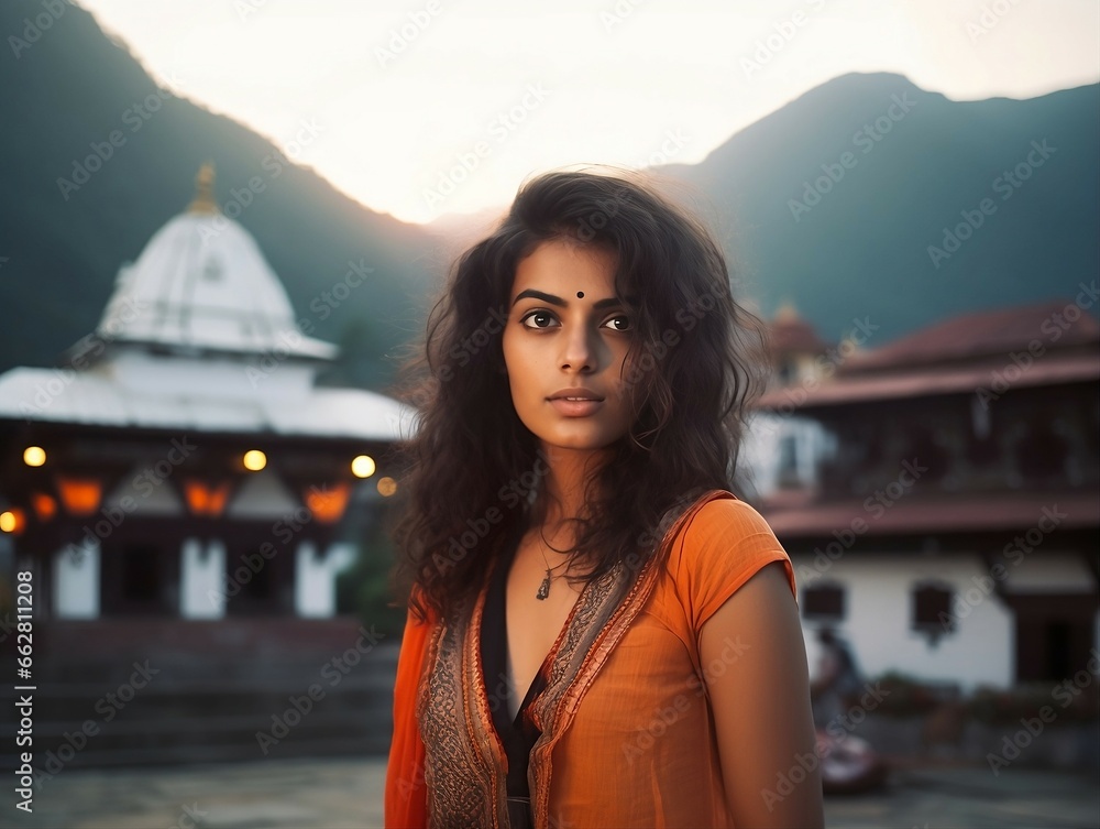 Indian girl kedarnath temple background in India. Stock Photo | Adobe Stock