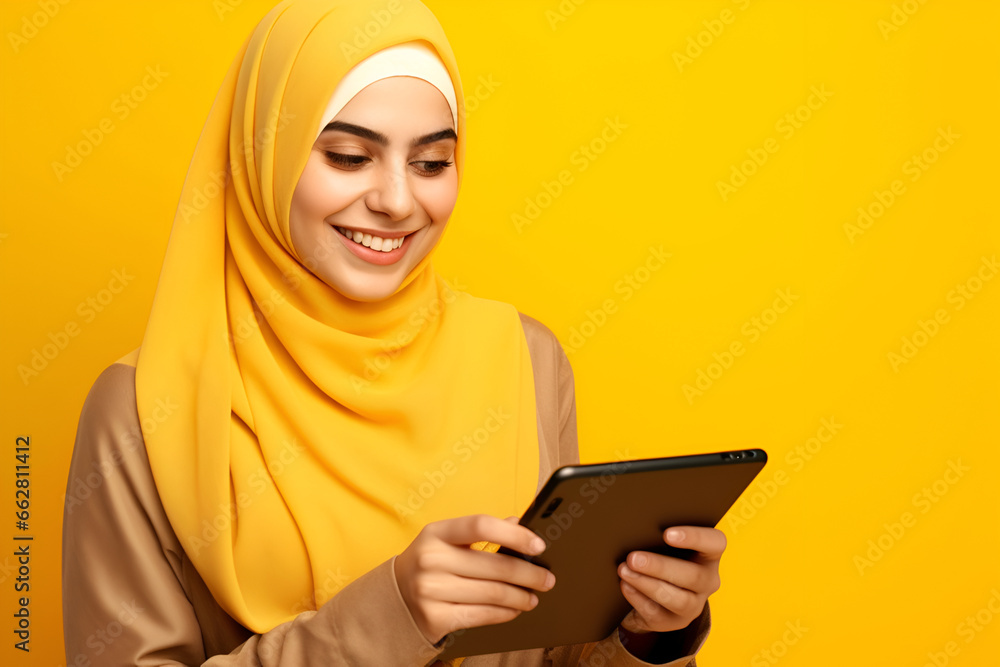 A girl wearing a hijab in yellow clothes is smiling using her smartphone. isolated on yellow background A girl wearing a hijab in yellow clothes is smiling using her smartphone. isolated on yellow background