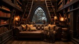 A cozy den with built-in bookshelves and a hidden bar