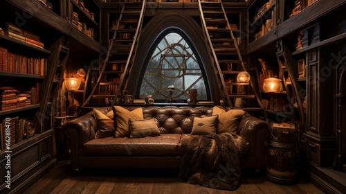 A cozy den with built-in bookshelves and a hidden bar