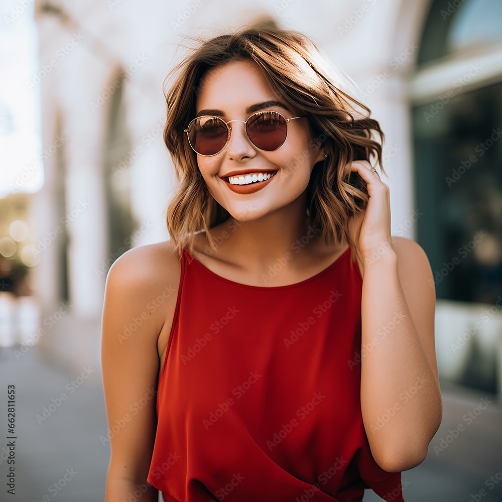 Beautiful woman in red dress and glasses on blurred background Beautiful woman in red dress and glasses on blurred background