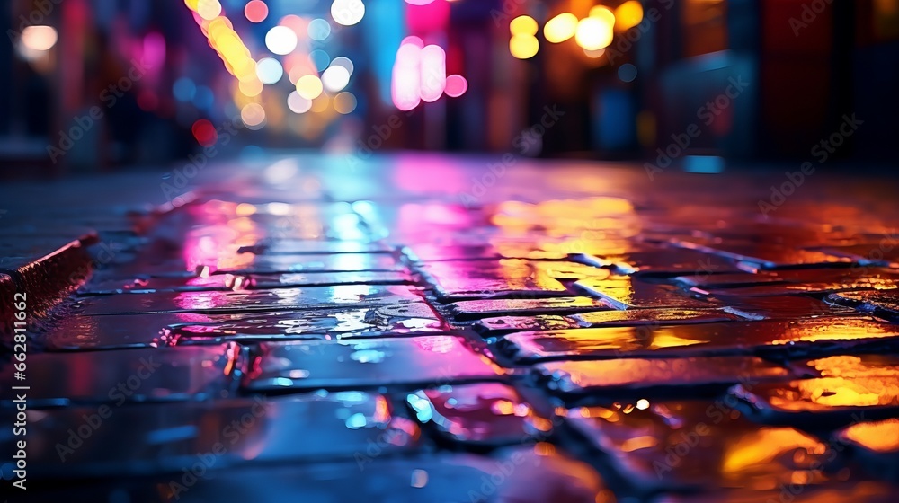 A vibrant city street at night with colorful lights illuminating the scene