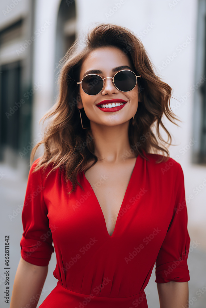 Beautiful woman in red dress and glasses on blurred background Beautiful woman in red dress and glasses on blurred background