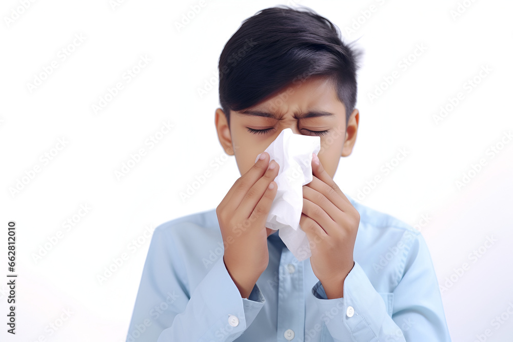 a sick little boy is blowing his nose and covering it with a handkerchief a sick little boy is blowing his nose and covering it with a handkerchief