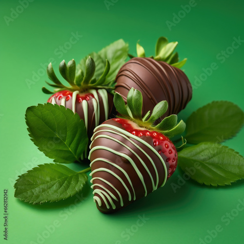 Strawberries in chocolate on color background. Valentine's Day. Cpoy Space photo