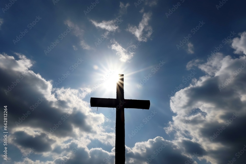 Symbolic cross in the sky, representing a spiritual journey. Generative AI