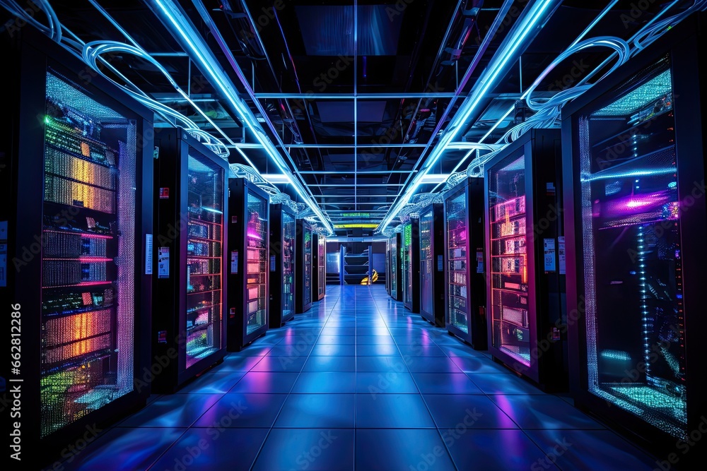 Super computer and quantum server rack in Data center control room. Generetive AI Super computer and quantum server rack in Data center control room. Generetive AI