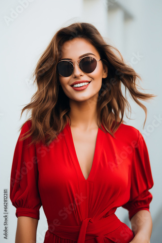 Wallpaper Mural Beautiful woman in red dress and glasses on blurred background Torontodigital.ca