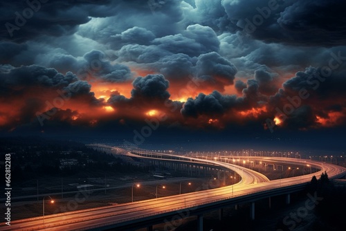 Apocalyptic energy clouds in night sky above motorway with traffic trails. Generative AI