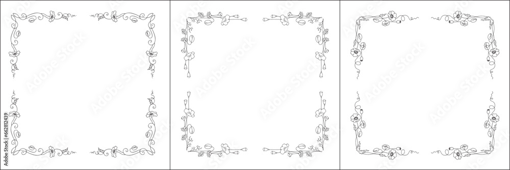 Set of three vector frames with poppy flowers. Elegant black and white monochrome ornamental corners. Vector frame for all sizes and formats. Isolated vector illustration.