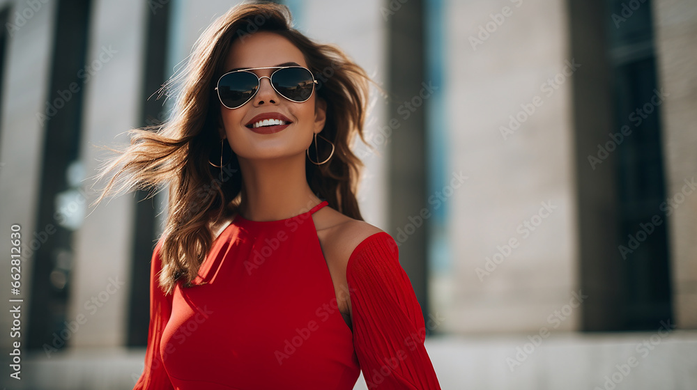 Beautiful woman in red dress and glasses on blurred background