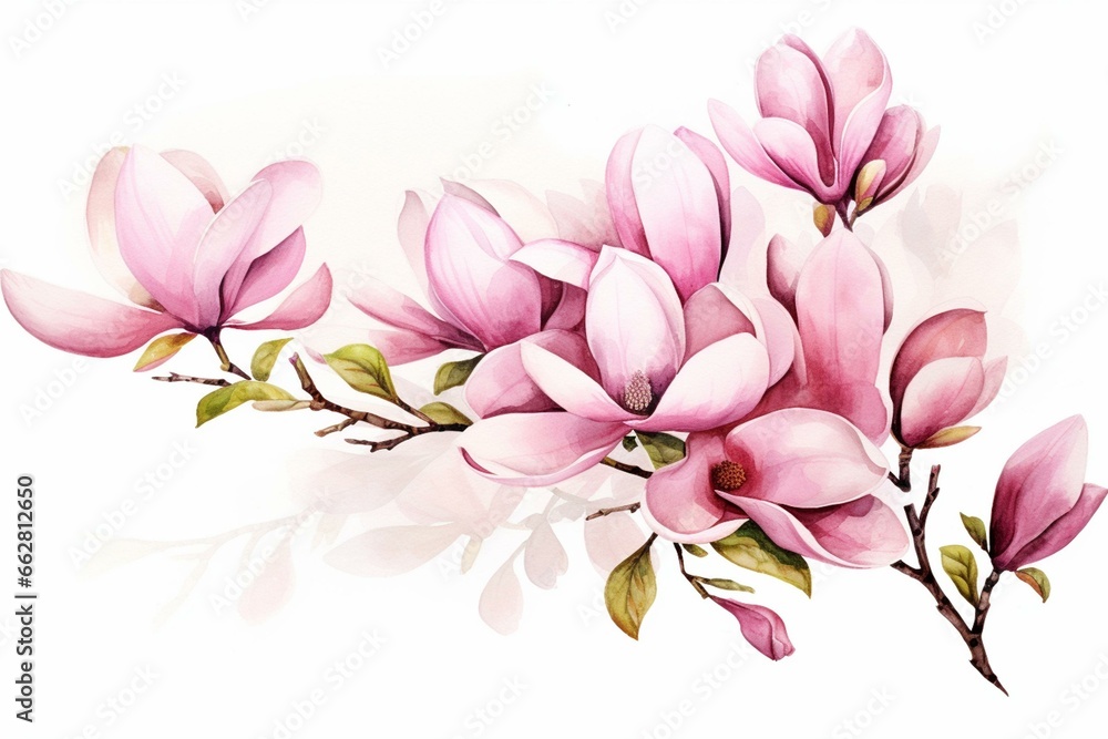 Watercolor drawing of magnolia flowers on white background, floral clipart. Generative AI