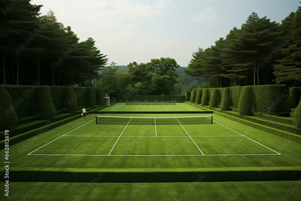 A tennis court made of grass. Generative AI - obrazy, fototapety, plakaty 