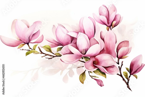 Watercolor drawing of magnolia flowers on white background  floral clipart. Generative AI