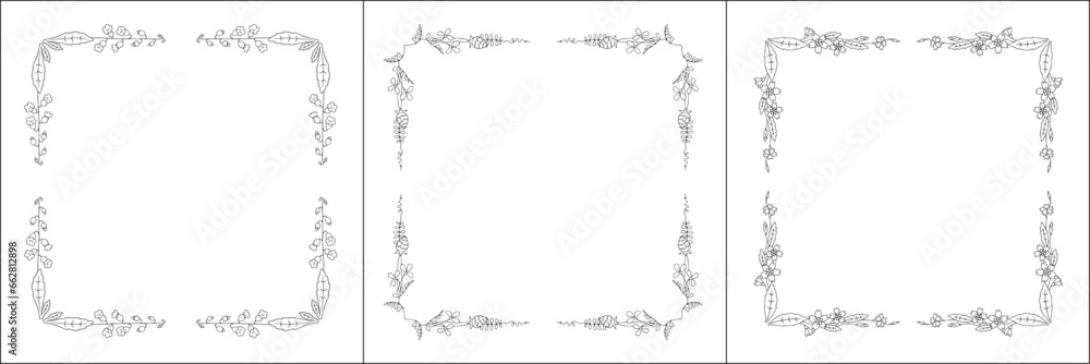 Set of three vector frames with sring flowers. Elegant black and white monochrome ornamental corners. Vector frame for all sizes and formats. Isolated vector illustration. - obrazy, fototapety, plakaty 