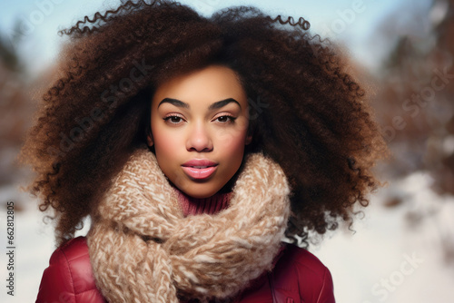 African American girl portrait with lush curly hair on a snowy park background. Seasonal sales banner concept.