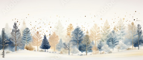 Beautiful winter landscape. Christmas holiday background. Abstract watercolor art.