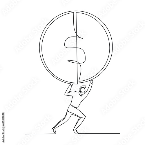 Continuous single line sketch drawing art of business man with big money coin. Vector illustration one line of loss dollar coins money