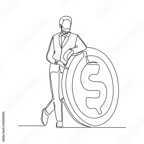 Continuous single line sketch drawing art of business man with big money coin. Vector illustration one line of loss dollar coins money