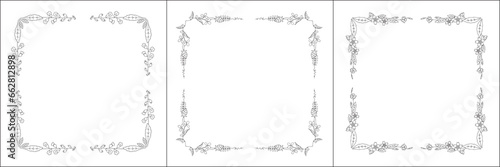 Set of three vector frames with sring flowers. Elegant black and white monochrome ornamental corners. Vector frame for all sizes and formats. Isolated vector illustration.