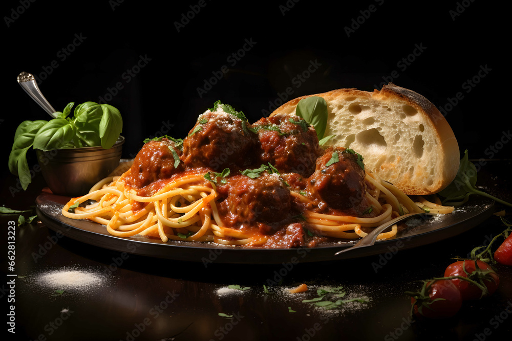Fototapeta premium Italian spagetti and meatballs, garlic bread
