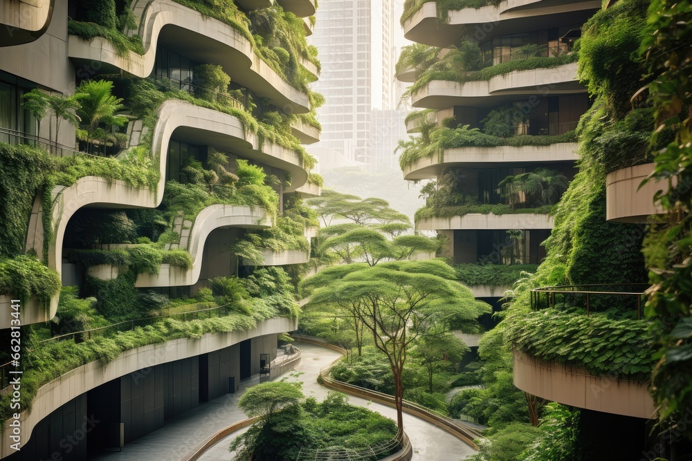 Modern buildings with vertical gardens. Environmental awareness and protection concept.