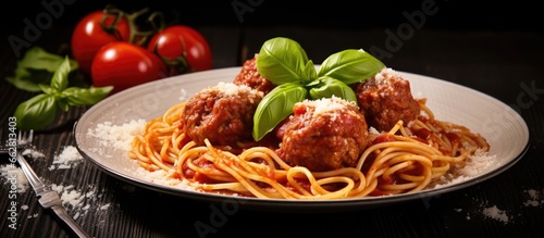 Focused image of meatball spaghetti with tomato sauce With copyspace for text