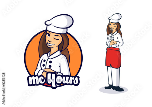 Woman chef mascot logo vector. Cute and cheerful chef girl.