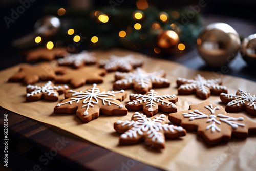 A cozy Christmas scene with freshly baked, iced gingerbread cookies radiating holiday warmth and joy in a homely kitchen setting.