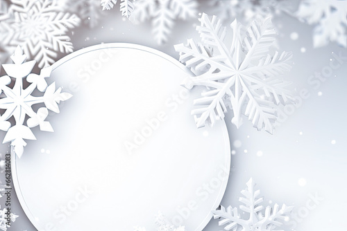 Round plate or stand with large decorative snowflakes. Free space for product placement or advertising text. photo