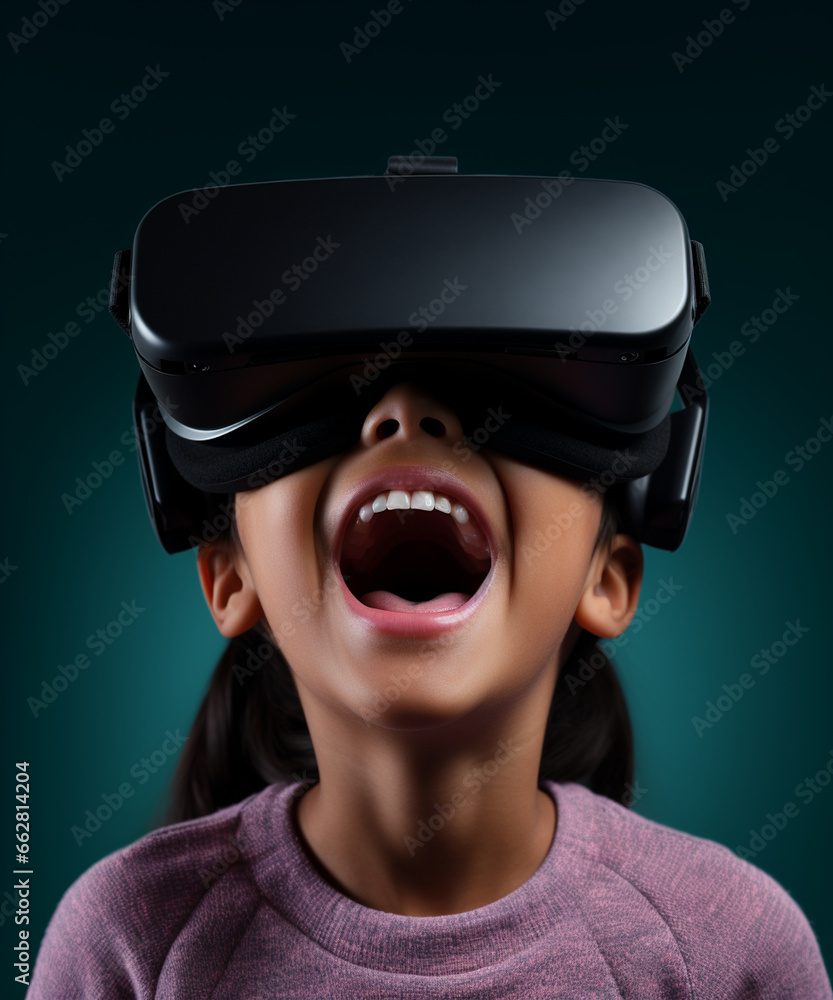 a child's face wearing a VR headset, eyes wide open with amazement, against a simple and unobtrusive background a child's face wearing a VR headset, eyes wide open with amazement, against a simple and unobtrusive background