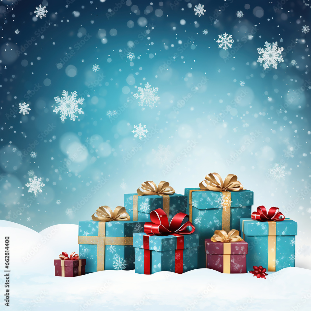 Snowman with gift boxes on snow in winter forest. Christmas background. Snowman with gift boxes on snow in winter forest. Christmas background.
