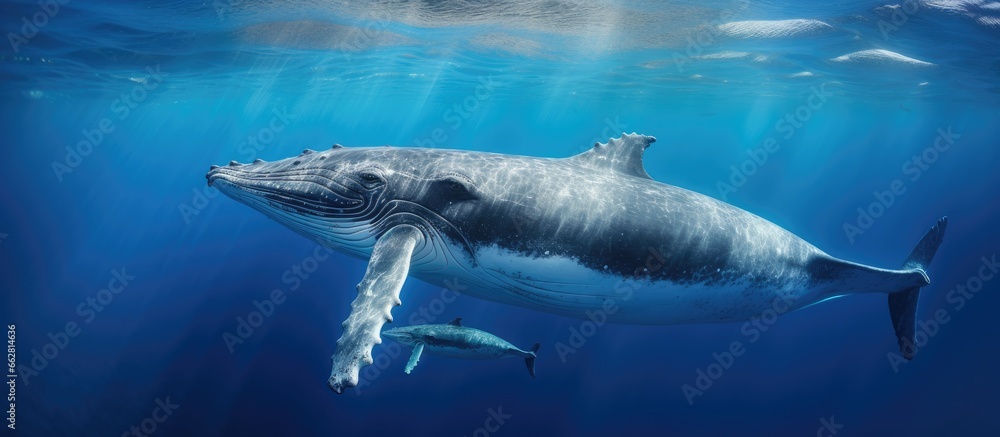 Naklejka premium Humpback whale mother and calf in deep waters of French Polynesia With copyspace for text