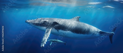 Humpback whale mother and calf in deep waters of French Polynesia With copyspace for text © 2rogan
