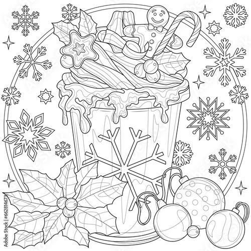Christmas drink.Hot chocolate.Coloring book antistress for children and adults. 