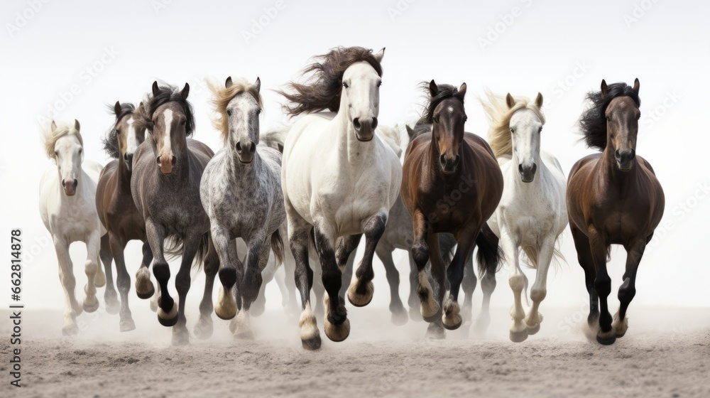 A wild herd of horses gallops towards the camera head-on in a pack, white background