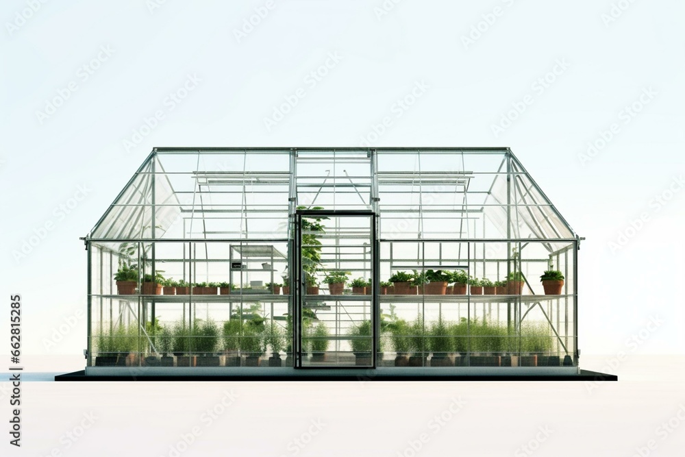 An individual greenhouse structure on a plot of land, isolated on a white backdrop, 3D rendering. Generative AI