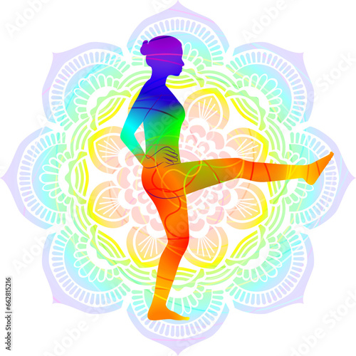 Colorful silhouette of Utthita Hasta Padangushthasana C. One Legged Mountain pose. Isolated vector illustration on Mandala background.