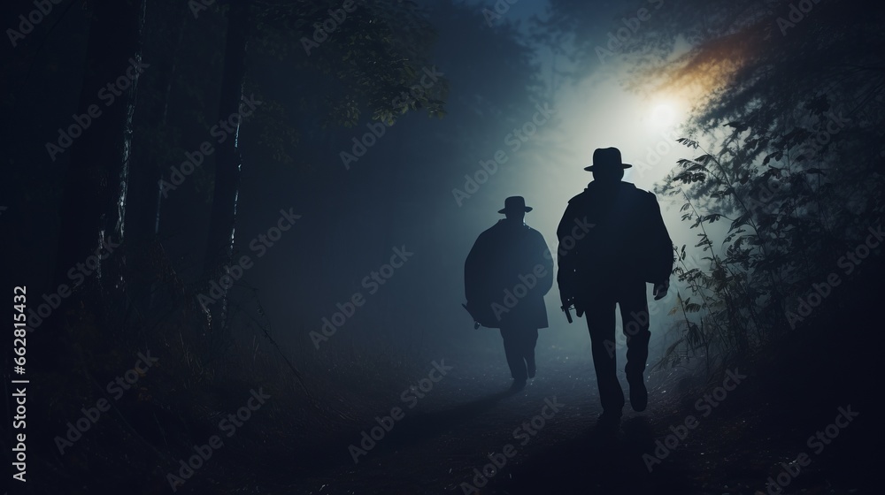 Two men in hats walk through a foggy forest at night, only the dark silhouettes are visible through a little backlighting. Copy space