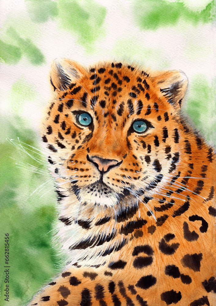 Obraz premium Watercolor illustration of a spotted red leopard with bright blue eyes on a green background (This illustration was created without the use of artificial intelligence!)
