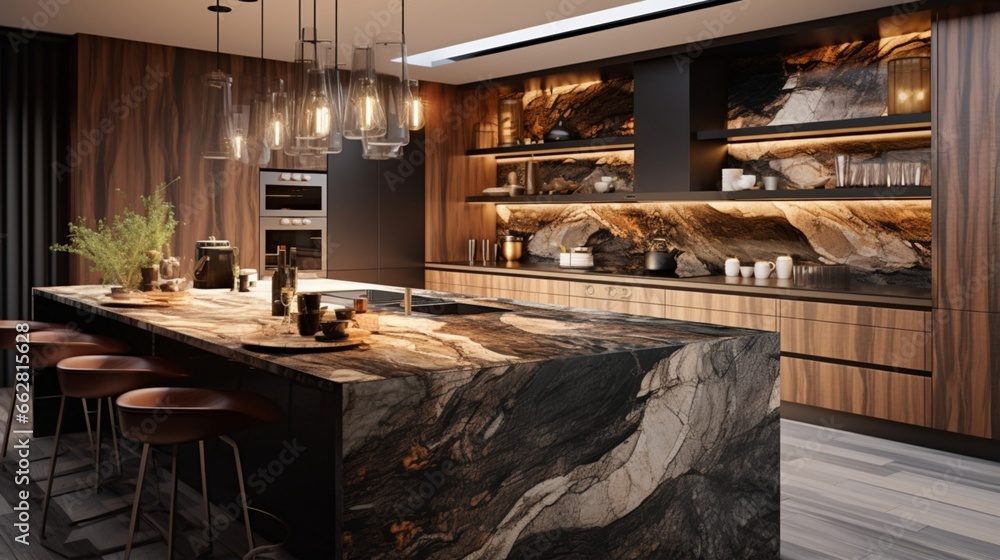 A designer kitchen with a mix of natural stone and high-gloss surfaces A designer kitchen with a mix of natural stone and high-gloss surfaces