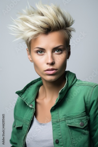 Portrait of a young woman with short blond hair styled upwards with a green jacket in a studio