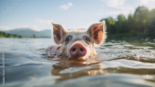A domestic pig swims towards the camera in a lake