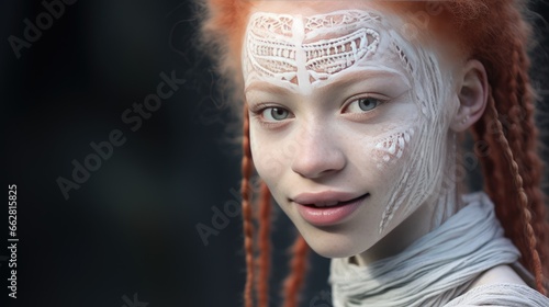 Albino black girl portrait. Albino girls from the tribe with a pattern on their face