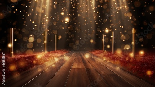 Luxury Red Carpet Entry with Spot Lights Golden Falling Particles Shimmer for show recognition award night. Event Night Concert Celebrity paparazzi Wedding Ceremony, 3D Illustration. 3d illustration. photo