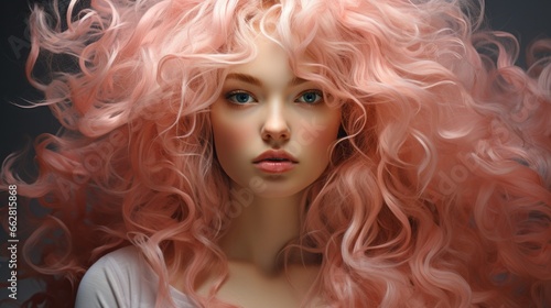 Young very pretty woman with full wild pink hair