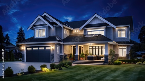 Home Exterior at Night: New Luxury House at Night with Deep Blue Sky, Three Car Garage, Columns, Gables, Green Lawn, Landscaping, and Driveway