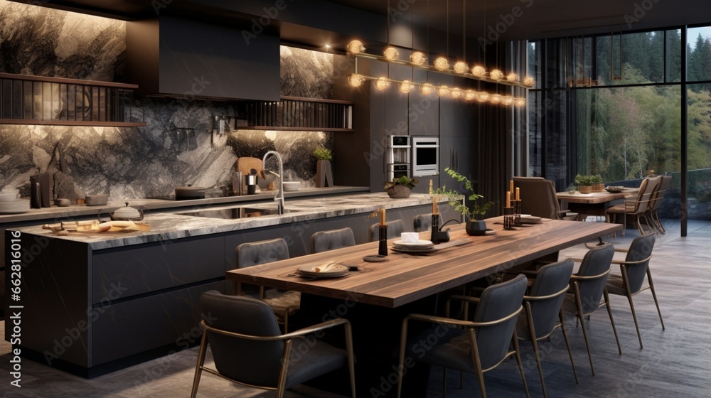 A designer kitchen with a mix of textured surfaces and high-end fixtures