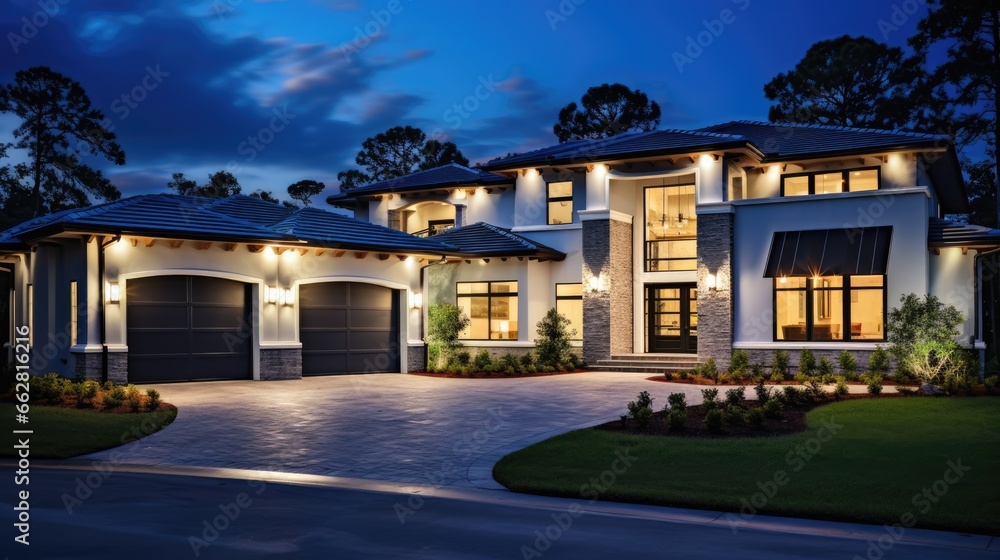 Home Exterior at Night: New Luxury House at Night with Deep Blue Sky, Three Car Garage, Columns, Gables, Green Lawn, Landscaping, and Driveway